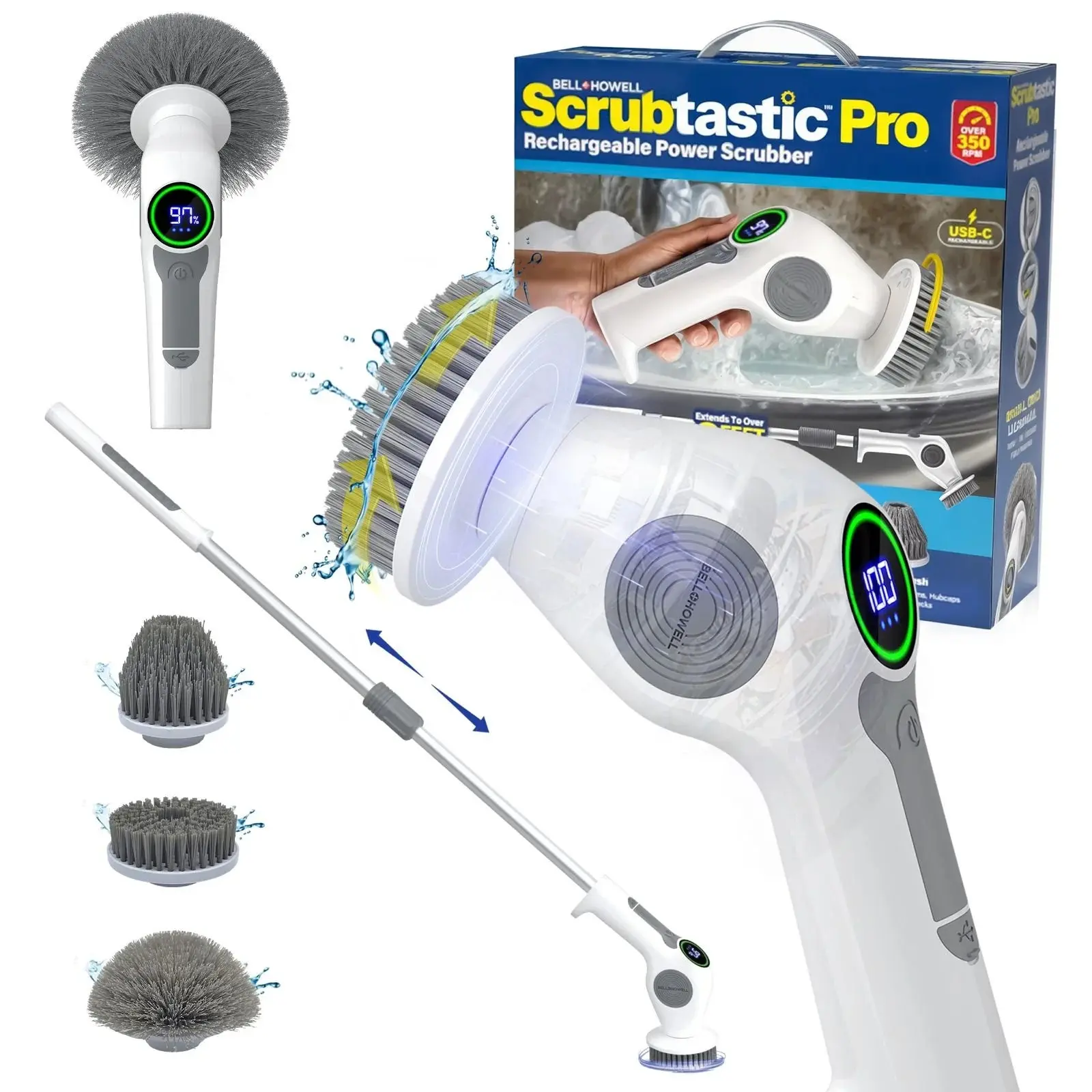 Scrubtastic Pro Electric Spin Scrubber – Rechargeable, Extendable Multi-Purpose Tile, Grout, Bathroom, Floor & Bathtub Cleaner with 3 Rotating Brush Heads Scrubtastic Pro Electric Spin Scrubber – Rechargeable, Extendable Multi-Purpose Tile, Grout, Bathroom, Floor & Bathtub Cleaner with 3 Rotating Brush Heads