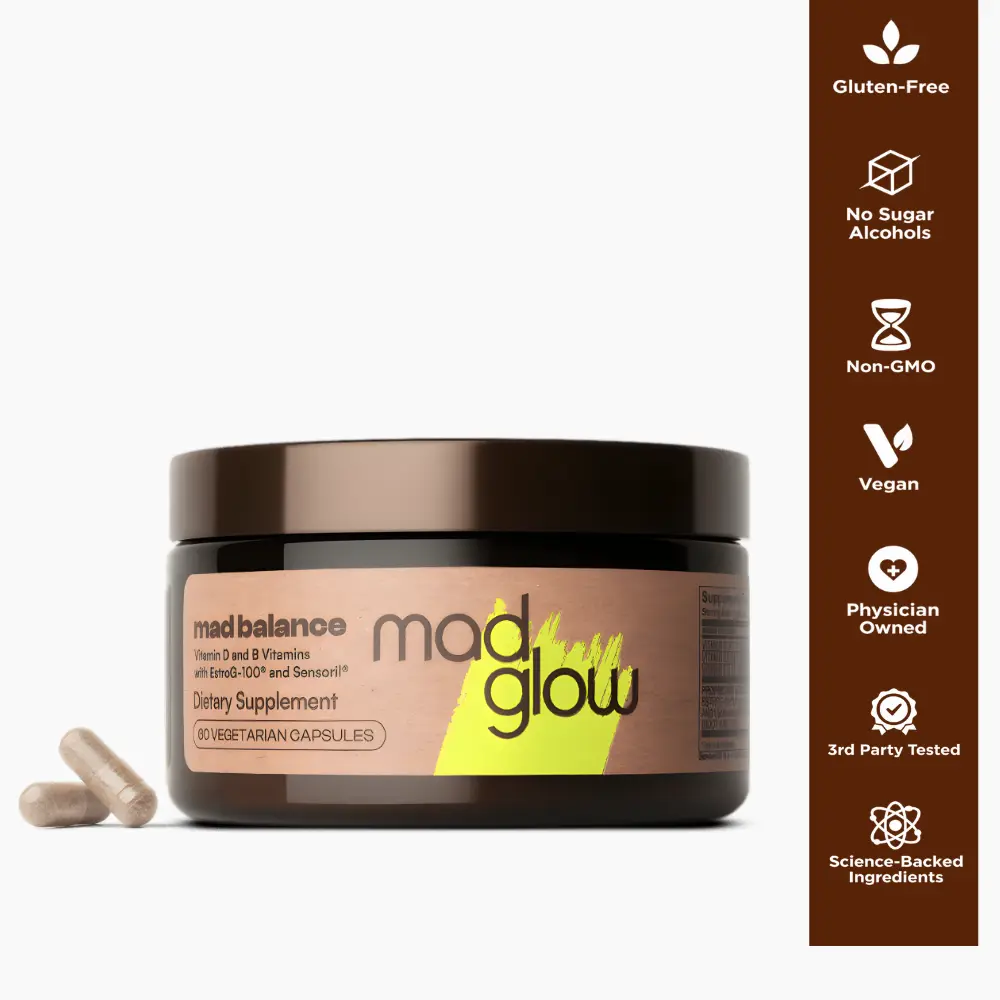 Mad Glow Mad Balance | Women's Mood, Energy & Sleep Supplement | Hormone-Free | Stress Relief, Calm & Focus | 60 Capsules