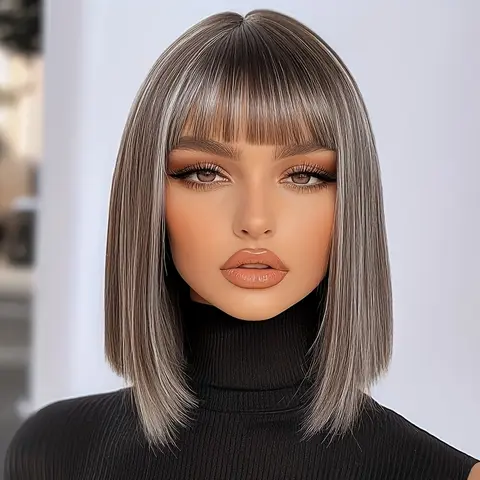 SMILCO/12-inch |Gray Brown Highlight | Short Hair Straight Bob Wig with Bangs | SM164 Glueless Highlight