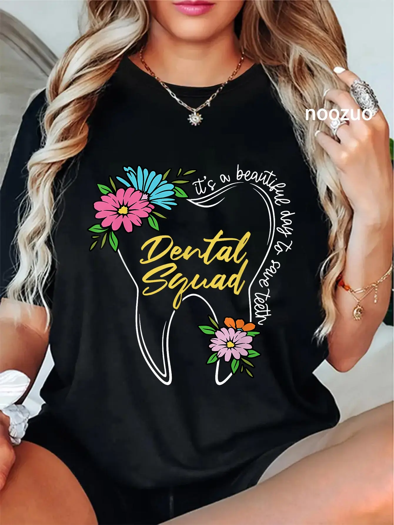 Women's 100% Cotton Round Neck Short-Sleeve Graphic Tops, Floral Tooth Dental Squad "It's A Beautiful Day To Save Teeth" Everyday T-Shirt, Floral Print, Playful Look, Tooth Motif