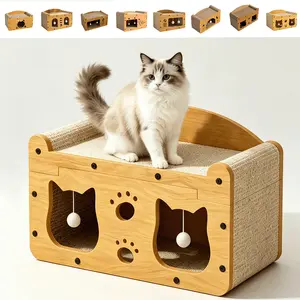 「PawPlanet」3-in-1 Cat Scratcher House Bed for Indoor Cats；Heavy Duty Cat Scratcher Box with Hideout & Toy；Sturdy Cat Scratching Board Bed for Large Cats； Multi-Function Cat House with Scratcher & Ball Toy；Durable Cat Scratcher Bed Furniture Protector