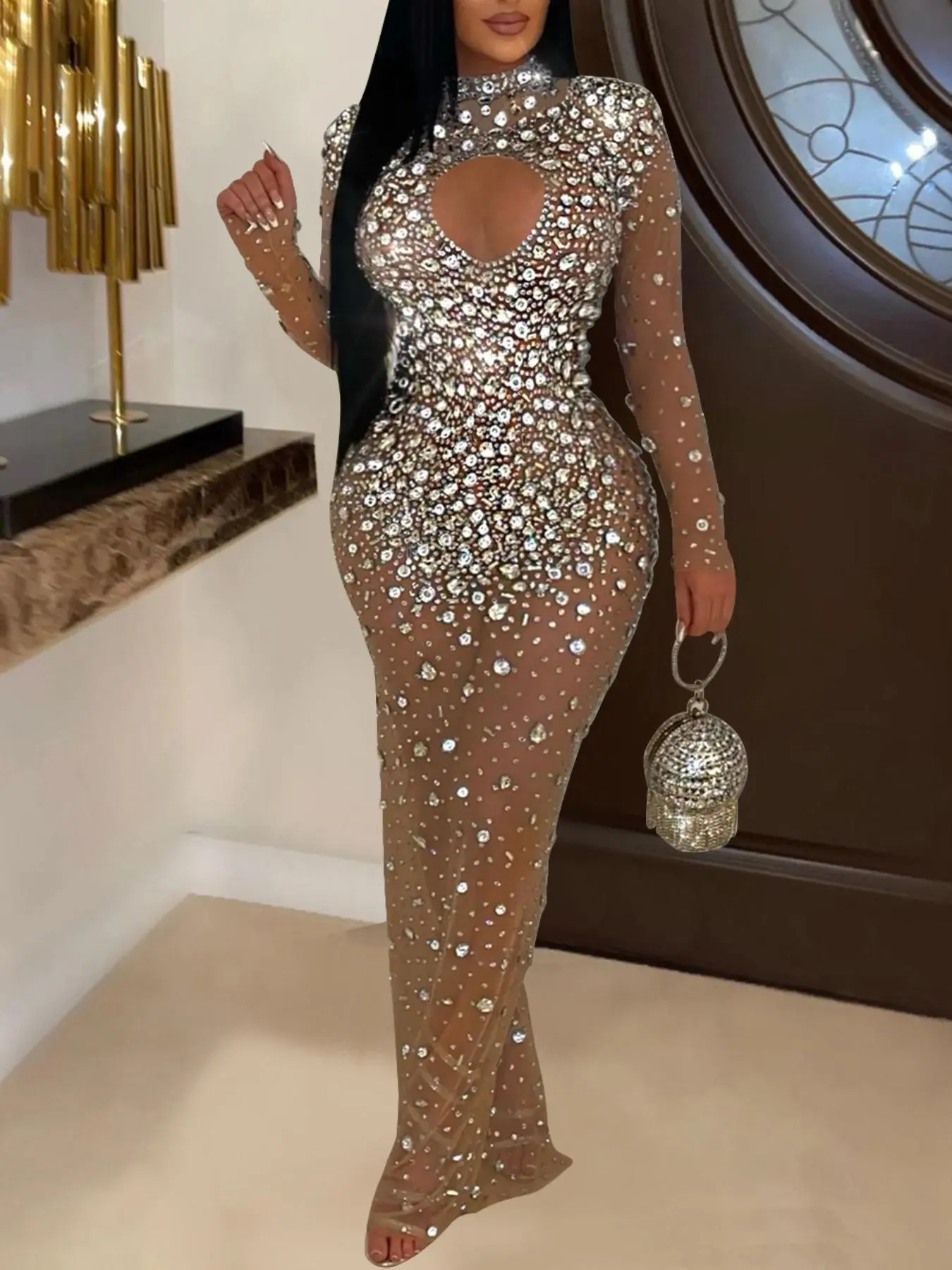 Women's Rhinestone Decor Zipper Back Sheer Tulle Bodycon Dress, Elegant Mock Neck Long Sleeve Maxi Dress for Party, Chic Elegant Fit Womenswear, Sequin Bodycon Dress, Embellished Dress, Elegant Gown, Elegant Evening Wear, Formal Wear
