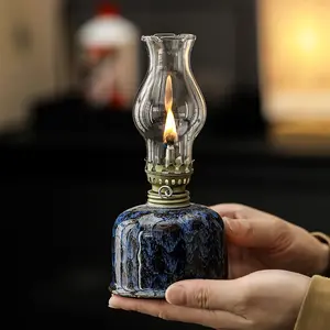 1 pcs ceramic kiln-glazed household oil lamp, including lampshade, camping fuel lamp with adjustable wick, (excluding oil), oil lamp, hurricane lamp, Camping lantern with fire control knob, suitable for Christmas and as a gift