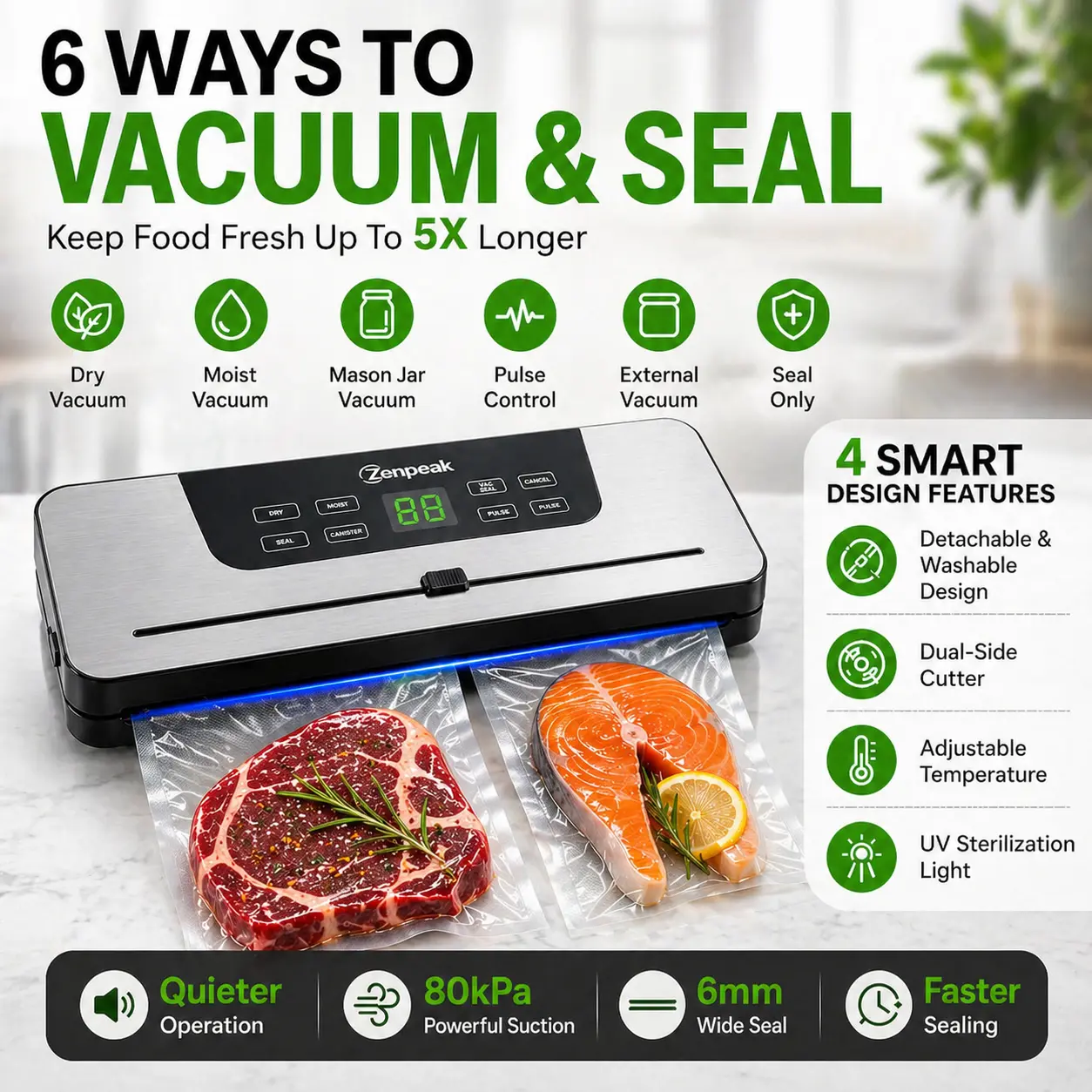 Zenpeak Vacuum Sealer for Food, 80kPa Food Vacuum Sealer Machine with External Vacuum, Multiple Modes, 6mm Wider Seal, Removable Drip Tray, Digital Timer, Adjustable Temperature, Built-In Cutter, 10pcs Bag