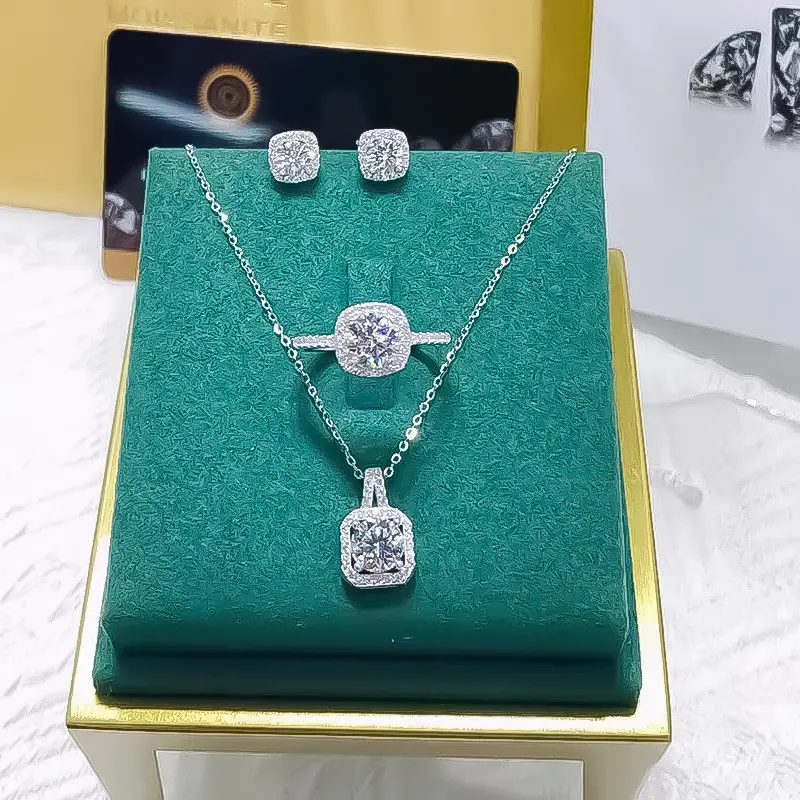 Matching Jewelry Set - Square Diamond Micro-Inlaid Zircon Ring, Earrings, Necklace, New Simple Elegant Fashion Costume Accessory, Pendant Necklace Set, Crystal Rings, Simple Look, Set Includes Ring