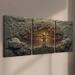 3-Piece Wood Frame Canvas Art Poster, Life Tree Relief Style, Modern Home Decor, Art Wall Decoration, Living Room Wall Art, Wooden Wall Art, High-Definition Print, Canvas Prints, Wall Art Painting, Artistic, Waterproof