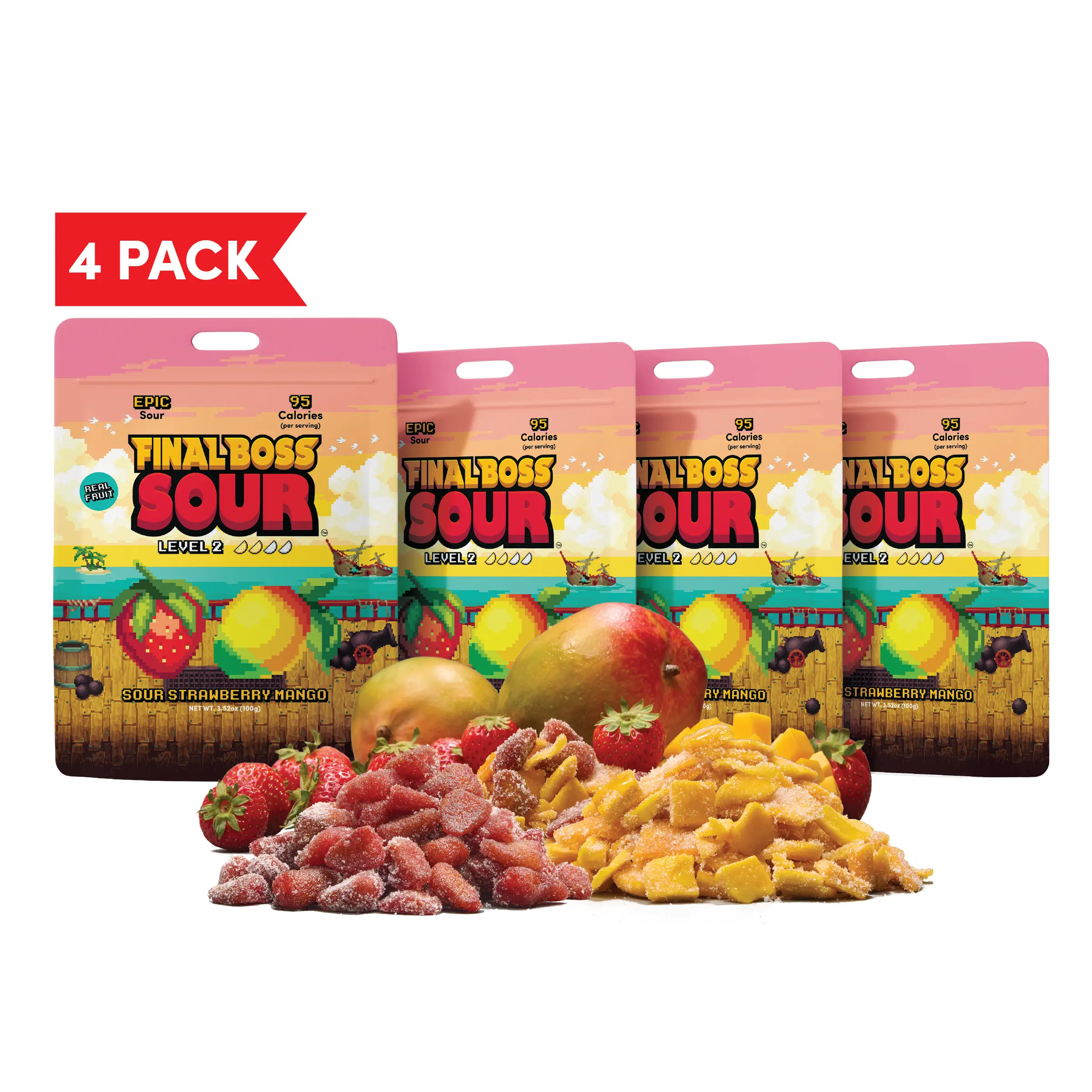 Final Boss Sour - Level 2 Sour Strawberry & Mango – 4-Pack Real Fruit Sour Snack (3.5oz Pouches)