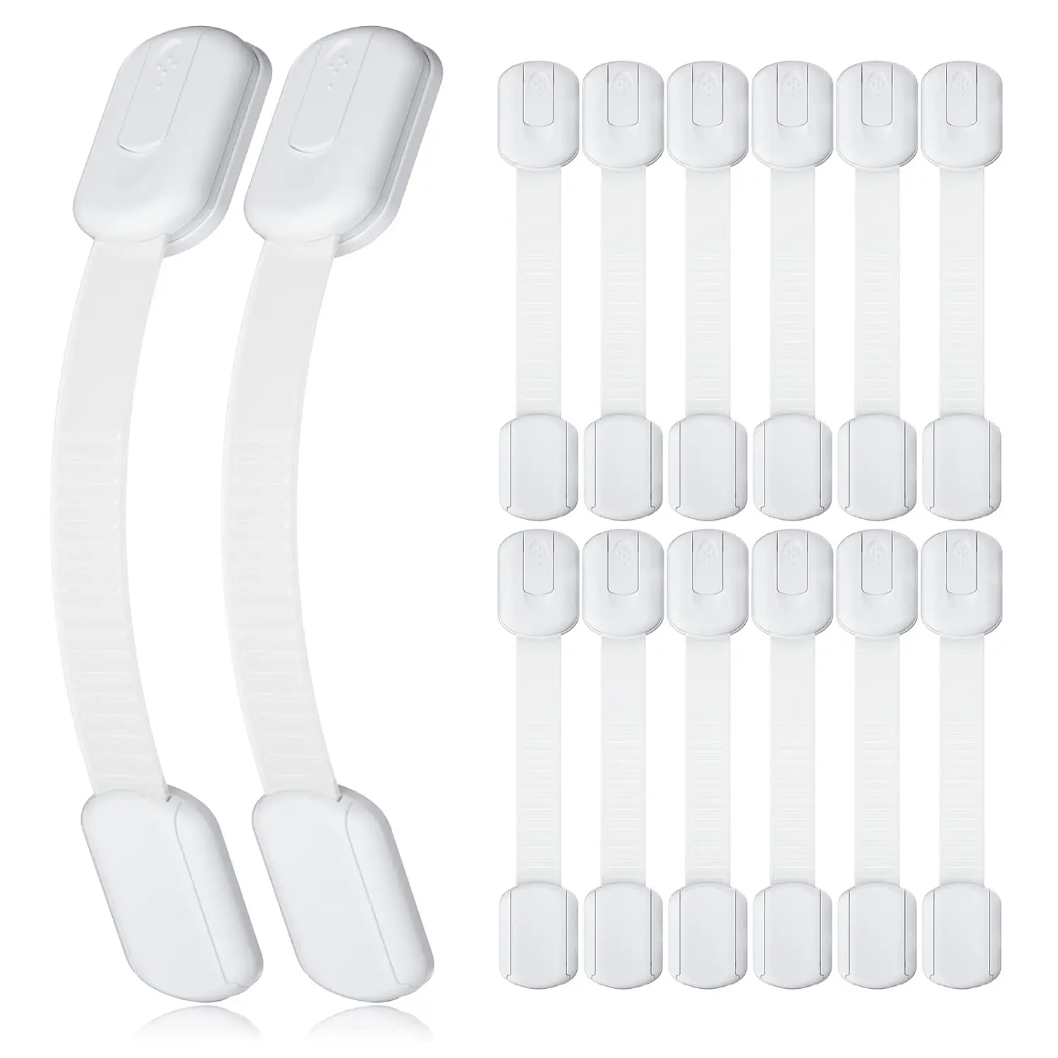 14-Pack ABS Plastic Tool Cabinet Latches, Adjustable Strap No-Drilling Safety Drawer Locks with 1-Click Release, Removable Tape Universal Fit, 12 Extra 3M Adhesives Included