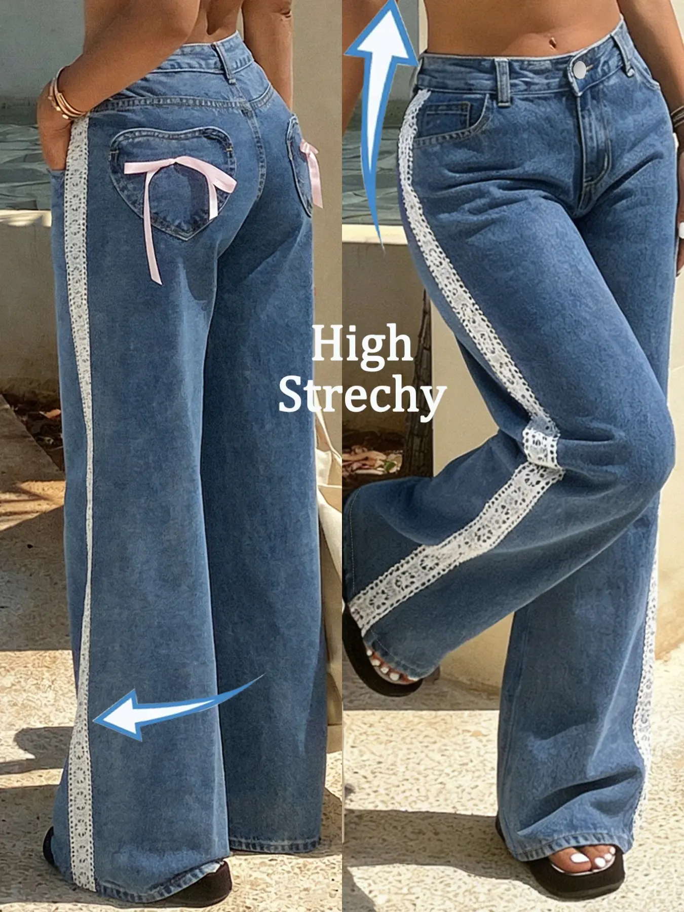 Women's Side Stripe Tie Waist High Waisted Denim Jeans, Casual Chic Fashion Pants for Daily Wear, Ladies Bottoms for All Seasons