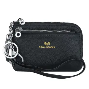 Royal Bagger RFID Card Holder and Coin Purse – Genuine Leather Multi-Zipper Wristlet with Keychain 1903-1