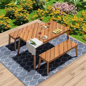 3-Piece Classic Style Outdoor Acacia Wood Dining Set, Patio Table with 2 Benches, All-Weather Furniture for 4-6 People, Ideal for Deck, Backyard