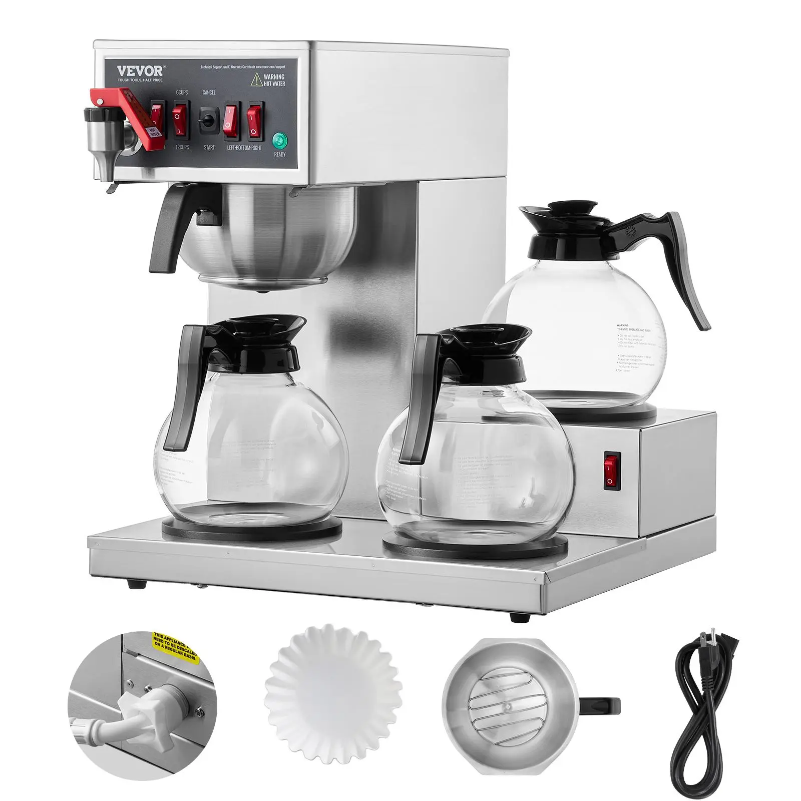 【Summerfinds】VEVOR 12 Cups Commercial Drip Coffee Maker Coffee Maker Machine with 3 Glass Carafes and 3 Warmer PlatesStainless Steel Pour Over Coffee Brewer for RestaurantOfficeCafe