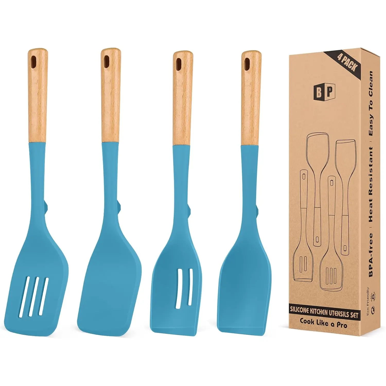 Pack of 4 Silicone Kitchen Utensils Set, Non Stick Solid Spatulas and Heat Resistant Slotted Spoons with Wooden Handle, Ideal BPA Free Cooking Utensils for Mixing,Serving,Turning,Stirring(BLUE)