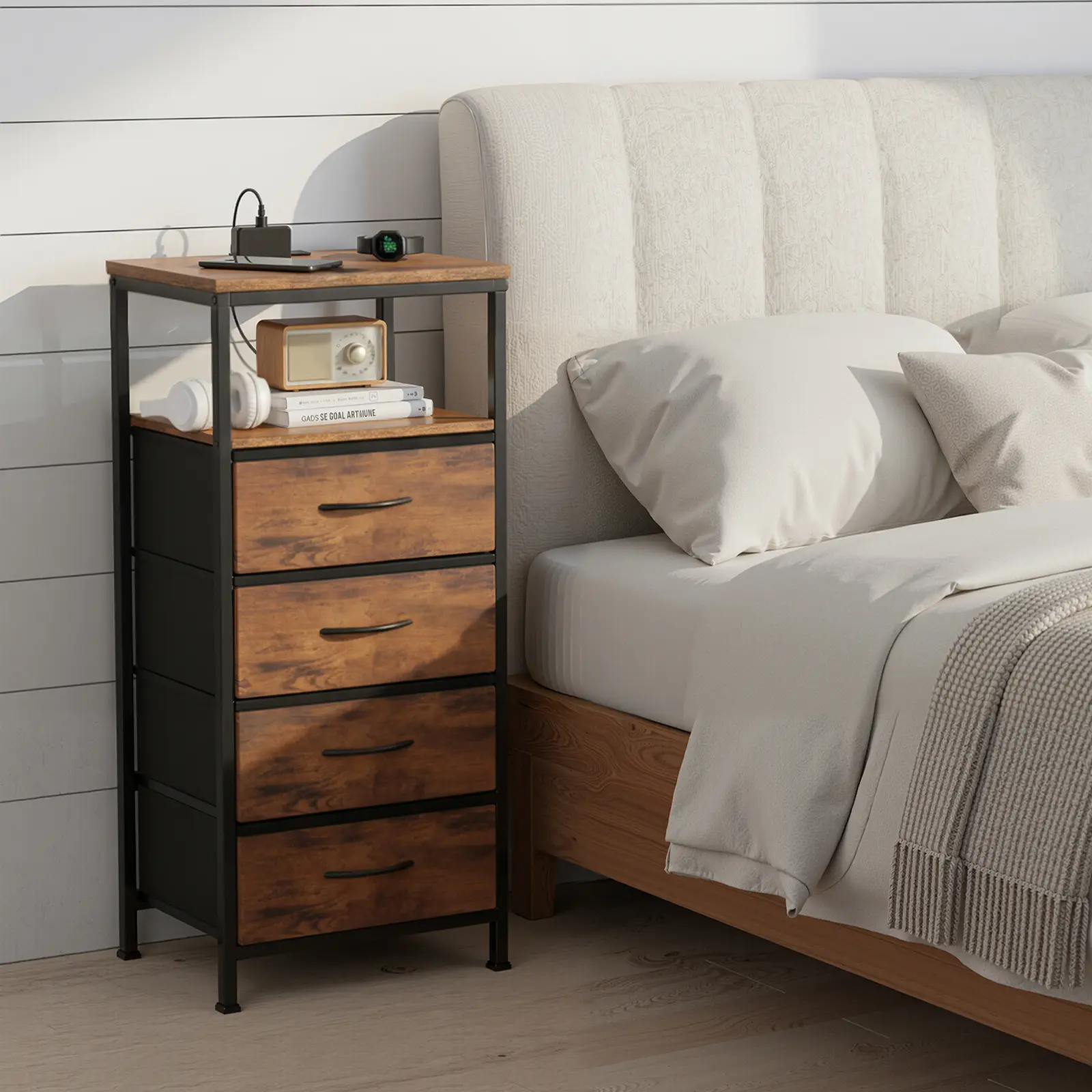 Nightstand with Charging Station, Bedside End Table with Fabric Drawers & USB/Type-C Ports and Outlets, Night Stand for Bedroom Furniture, Adjustable Feet and Variable Light Strip