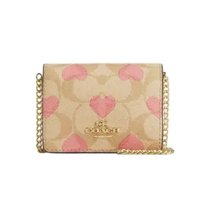 COACH Mini Wallet with Heart Print and Classic Monogram Flip Cover in Synthetic Leather for Women, Light Khaki and Chalk White