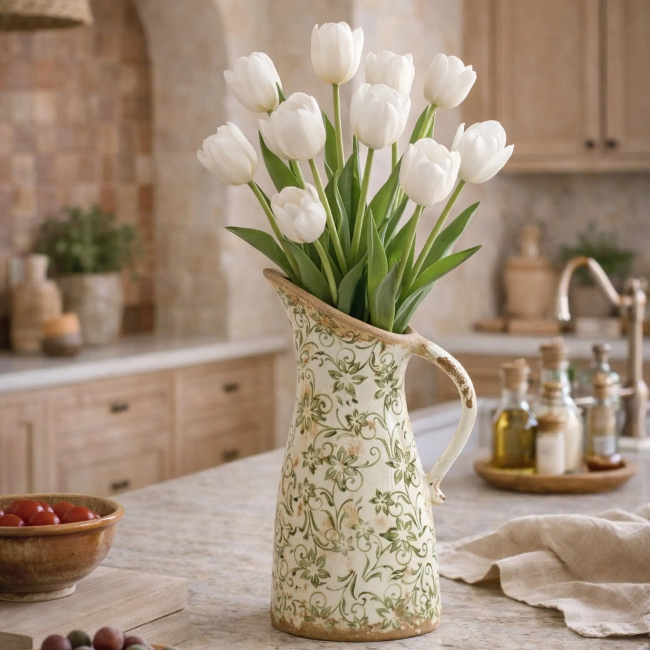 10" Tuscan Green Scroll Ceramic Pitcher - Pitcher Shape Home Accessory, Decorative Vases for Flowers, Rustic Scroll Urn, Vintage Room Decor Centerpiece