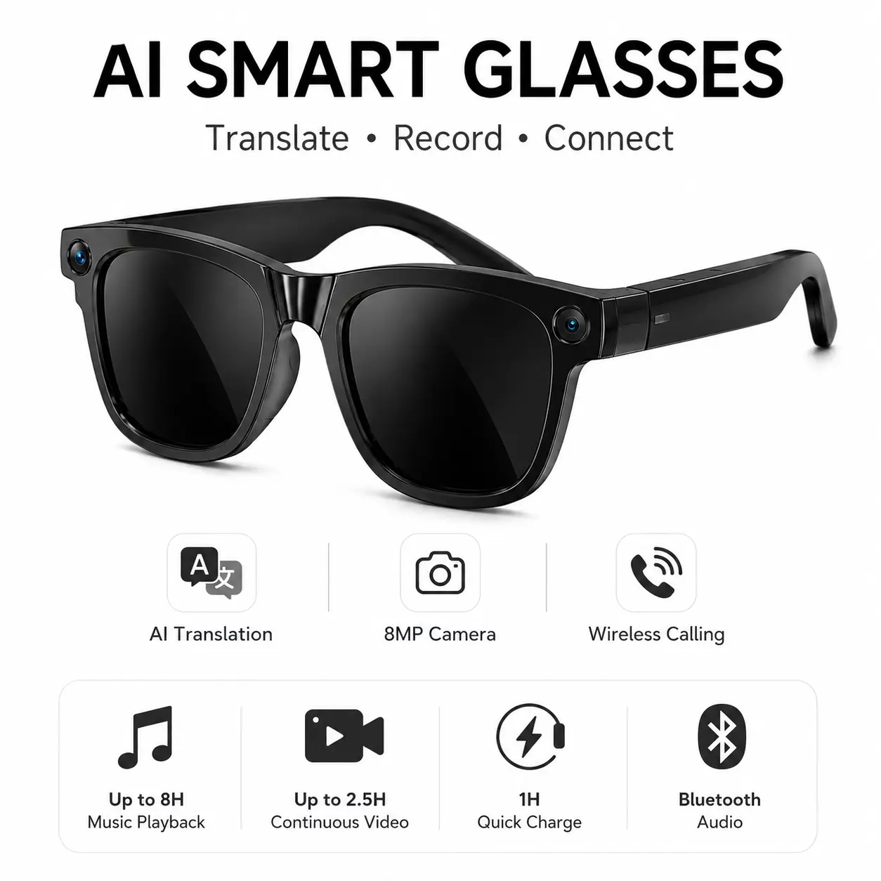 Smart AI Camera Glasses with 8MP HD Camera, Bluetooth Audio, Hands-Free Photo & Video Recording, Real-Time Translation in 160+ Languages, Touch Control, Compatible with iOS & Android