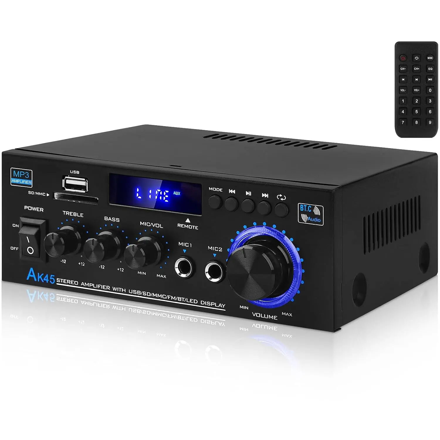 5.0 Audio Amplifier Receivers-AK45 HiFi Stereo Mini Power Amplifier RMS 40W x 2 Max. 600W 2.0   Theater Audio Components Speakers Amp W/MIC,USB, RCA,FM Radio