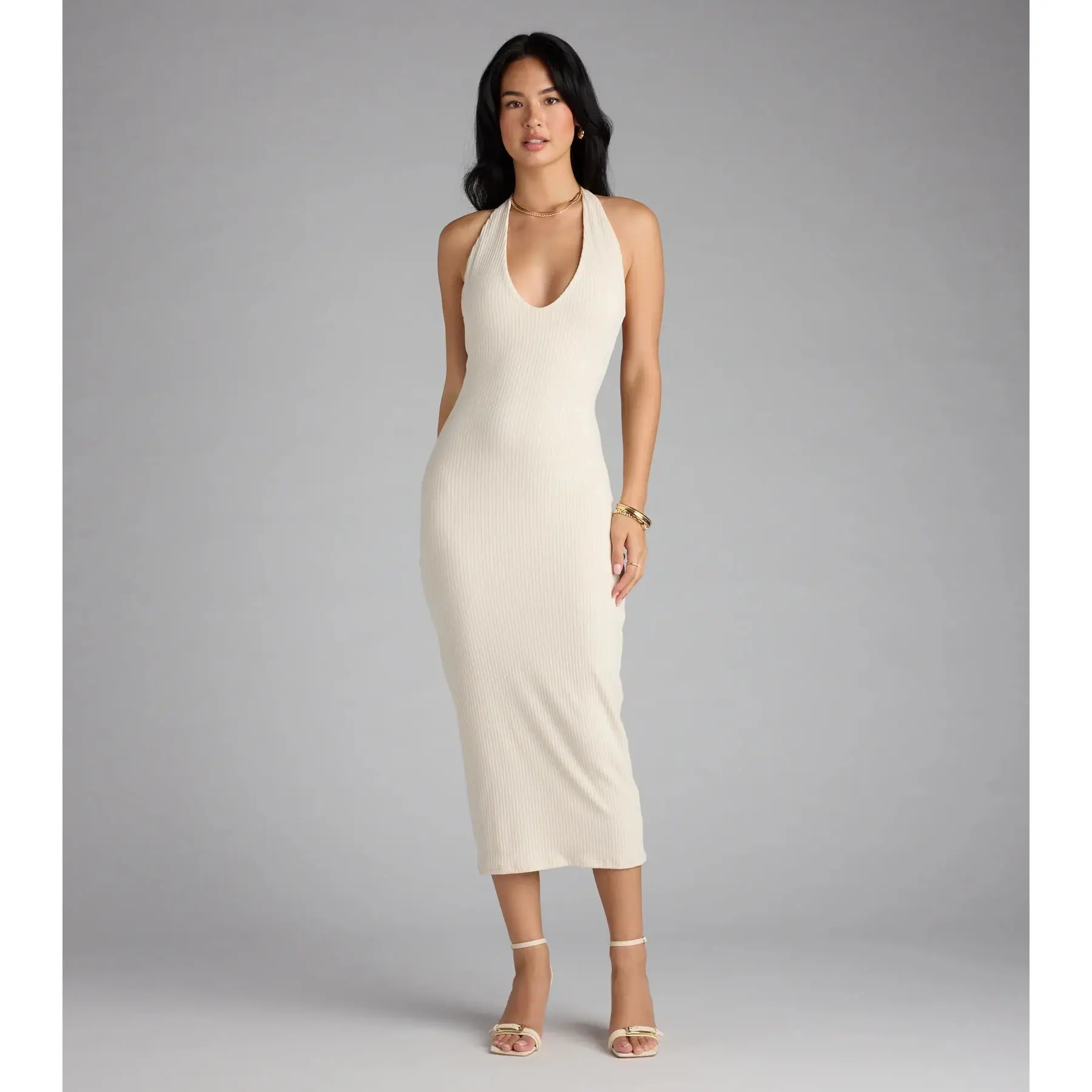 Chic Cutie Ribbed Knit Halter Midi Dress
