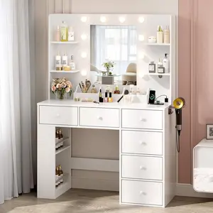 VINGLI Vanity Desk with Mirror and Lights, Makeup Vanity Table w/ 6 Storage Drawers & Shelevs, 58in Dressing Table Built in Hollywood Bulbs & Charging Station & Hairdryer Holder, Gifts for Girls
