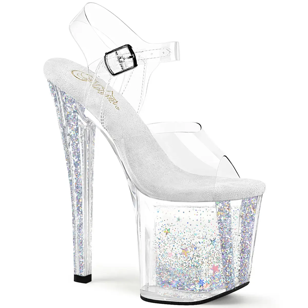 Women's Elegant Enchant-708AQUA-04 Ankle Strap Platform High Heel Footwear, 8-in Prismatic Glitter Decor Sandals with Flowing Liquid-Filled Sole