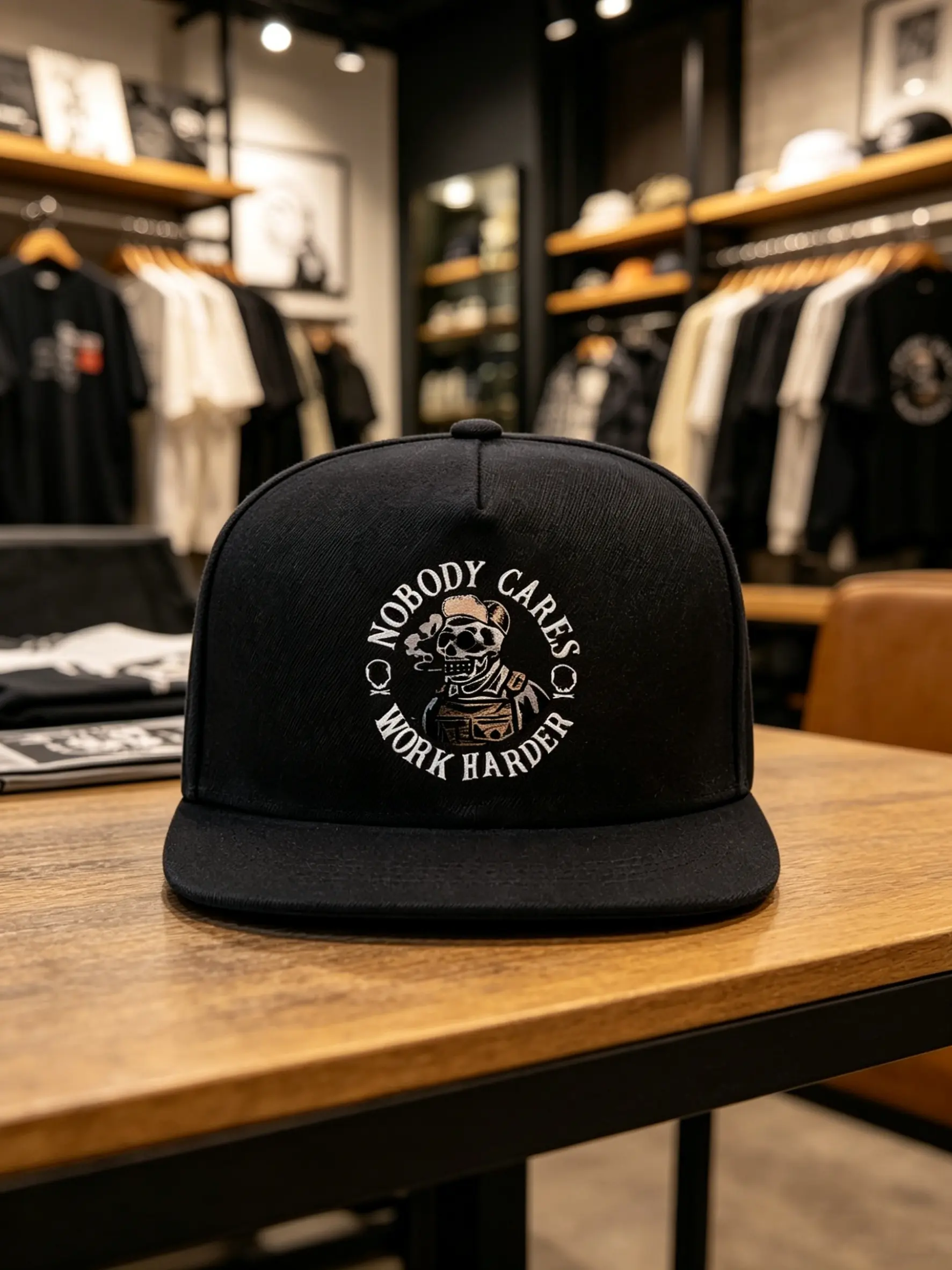 1pc "Nobody Cares, Work Harder" Skull Print Flat Bill Snapback Cap - Adjustable, Funky Street Hip-Hop Style, 100% Polyester Baseball Hat with Flat Brim for Men & Women Flatbill Snapback Adjustable Streetwear Hat