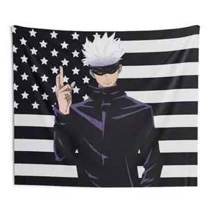 GOJO Black USA America Flag Tapestry - Anime Funny Room Merch - Backdrop Tapestry Jujutsu Kaisen Aesthetic - Gift for Gojo Wifu Cotton Decor tapestry Home Goods Decoration Print bedroom decor tapestry chill room accessories Linen Cloth tiktokshopspringglo