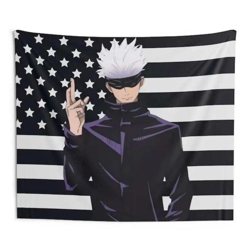GOJO Black USA America Flag Tapestry - Anime Funny Room Merch - Backdrop Tapestry Jujutsu Kaisen Aesthetic - Gift for Gojo Wifu Cotton Decor tapestry Home Goods Decoration Print bedroom decor tapestry chill room accessories Linen Cloth tiktokshopspringglo