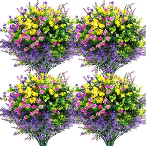 12 Bundles Artificial Flowers Outdoor, Faux Artificial Plants UV Resistant Plastic Flower Bulk for Hanging Planter Porch Window Home Wedding Fall Summer Spring Decor and Grave Decorations for Cemetery (Fuchsia, Purple, Yellow, Green)