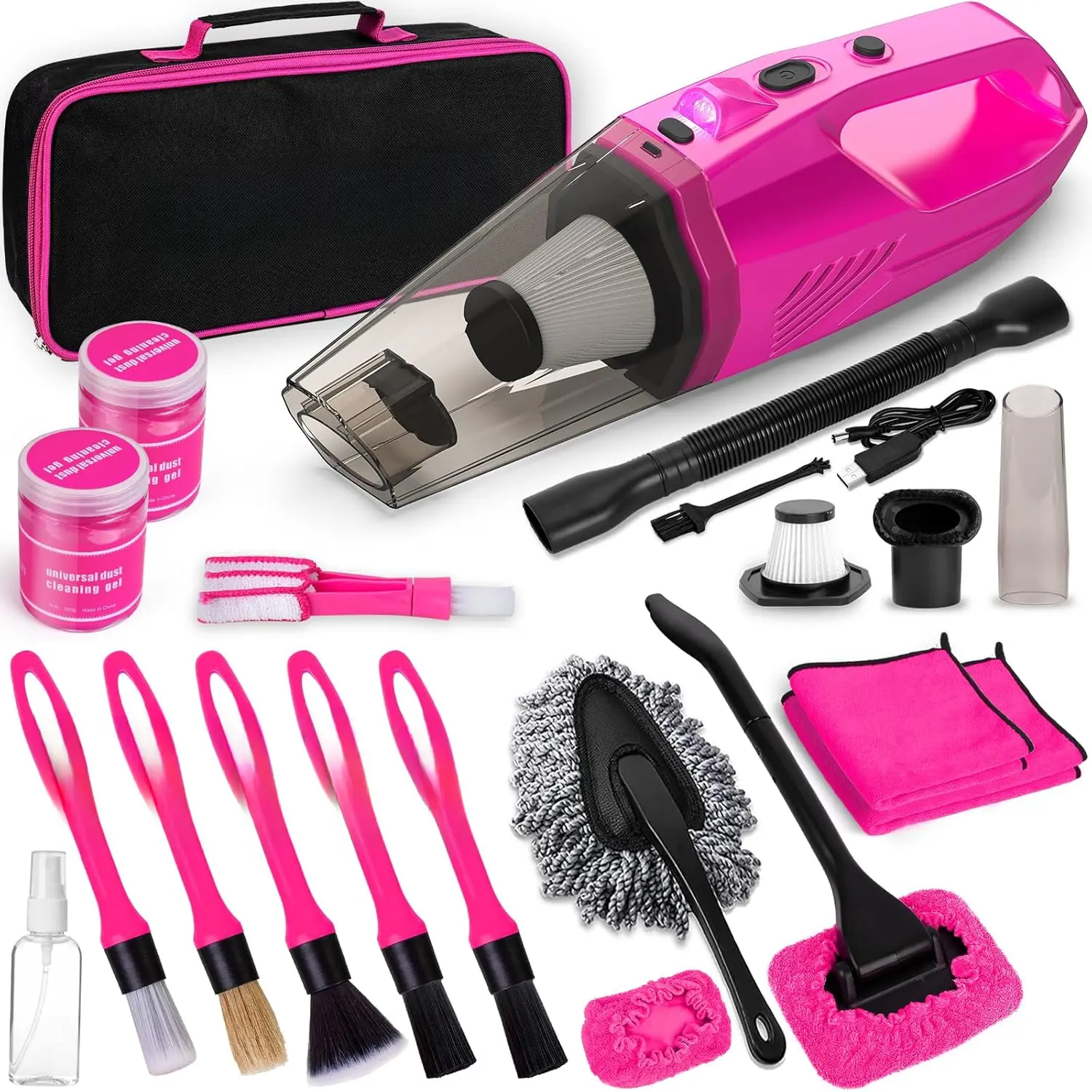 Detailing Kit Interior Cleaner,  Cleaning Kit with 8000PA Cordless Pink Handheld Vacuum Cleaner,  Interior Detailing Brush Set, Pink  Accessories,  for Women