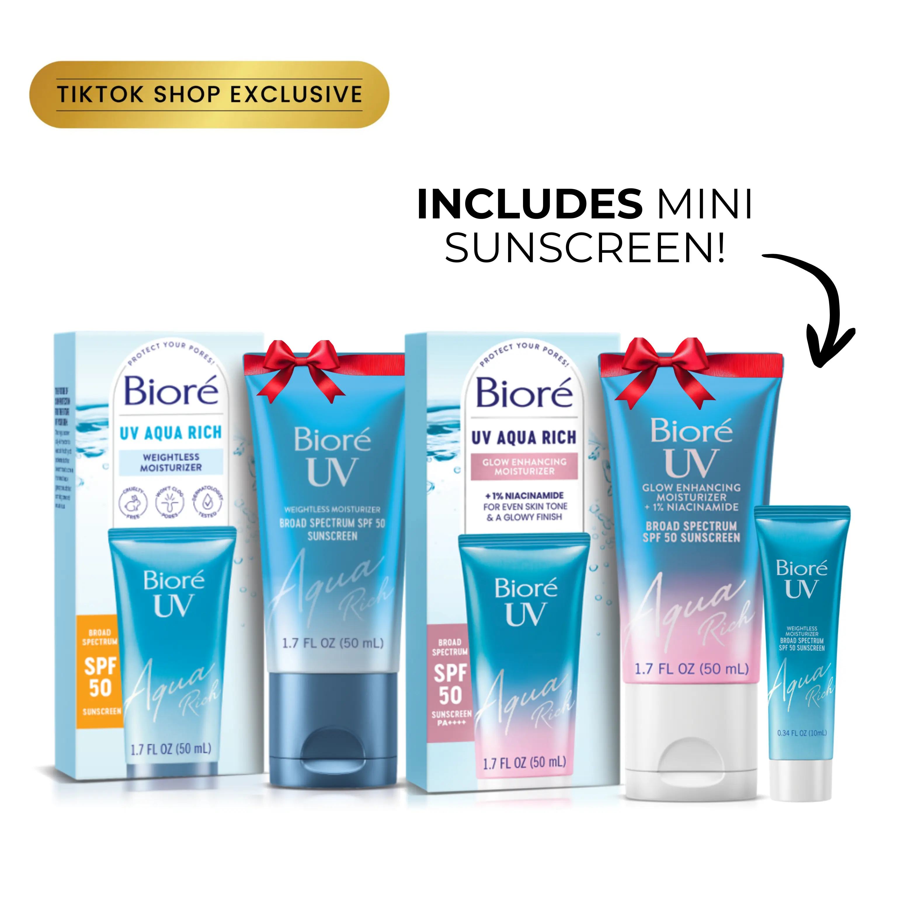 Biore Skincare SPF Set, UV Aqua Rich and UV Aqua Rich Glow Enhancing Moisturizer, SPF 50, Mini Sunscreen GWP!