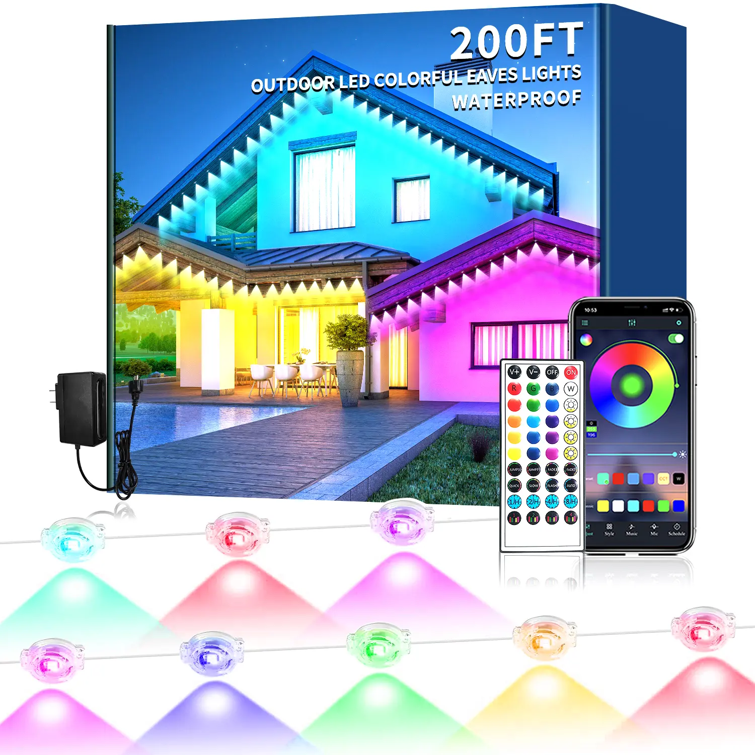 Yocrostar Outdoor App Controlled Auto-Color Changing String Lights - IP67 Waterproof Adjustable Multi-Color Ambient Strips, Remote & Personalized Effects for Halloween Holiday Lighting