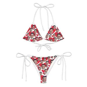 Personalized Custom Photo String Bikini Set for Women, Funny Face Love Print Swimsuit, Unique Romantic Beach Gift