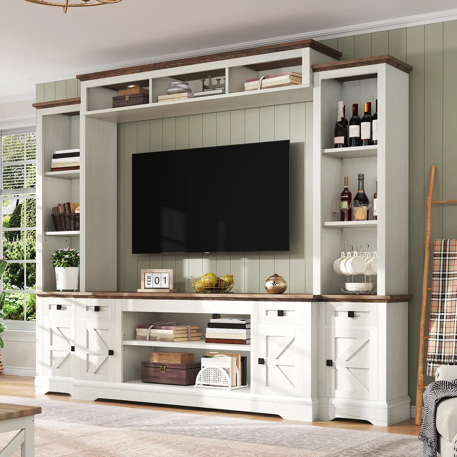 [SummerSale][Ships in 2 Boxes] VanAcc 98in Farmhouse Wall Unit TV Stand with Bookshelves, Wine Cabinet, Fits 78" TVs, Large Entertainment Center with Power Outlets & Barn Door, Rustic Media Console for Living Room