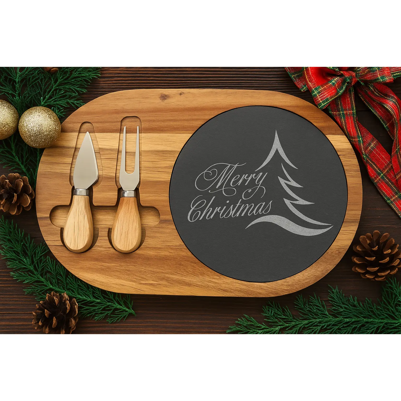 Christmas Tree Engraved Charcuterie Board, Elegant Acacia and Slate Serving Tray, Classic Holiday Gift, Farmhouse Kitchen Accent