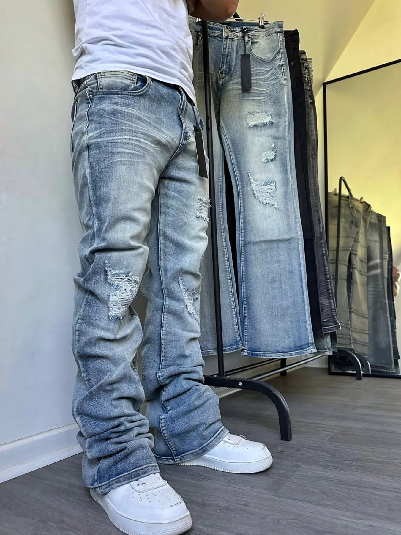 Men's Micro Flare Jeans, slight flare design, Loose-Fitting Street Style, All-Season Wear, Washed Y2K Layered Pants, Patchwork Embroidery, Four-Season Comfort