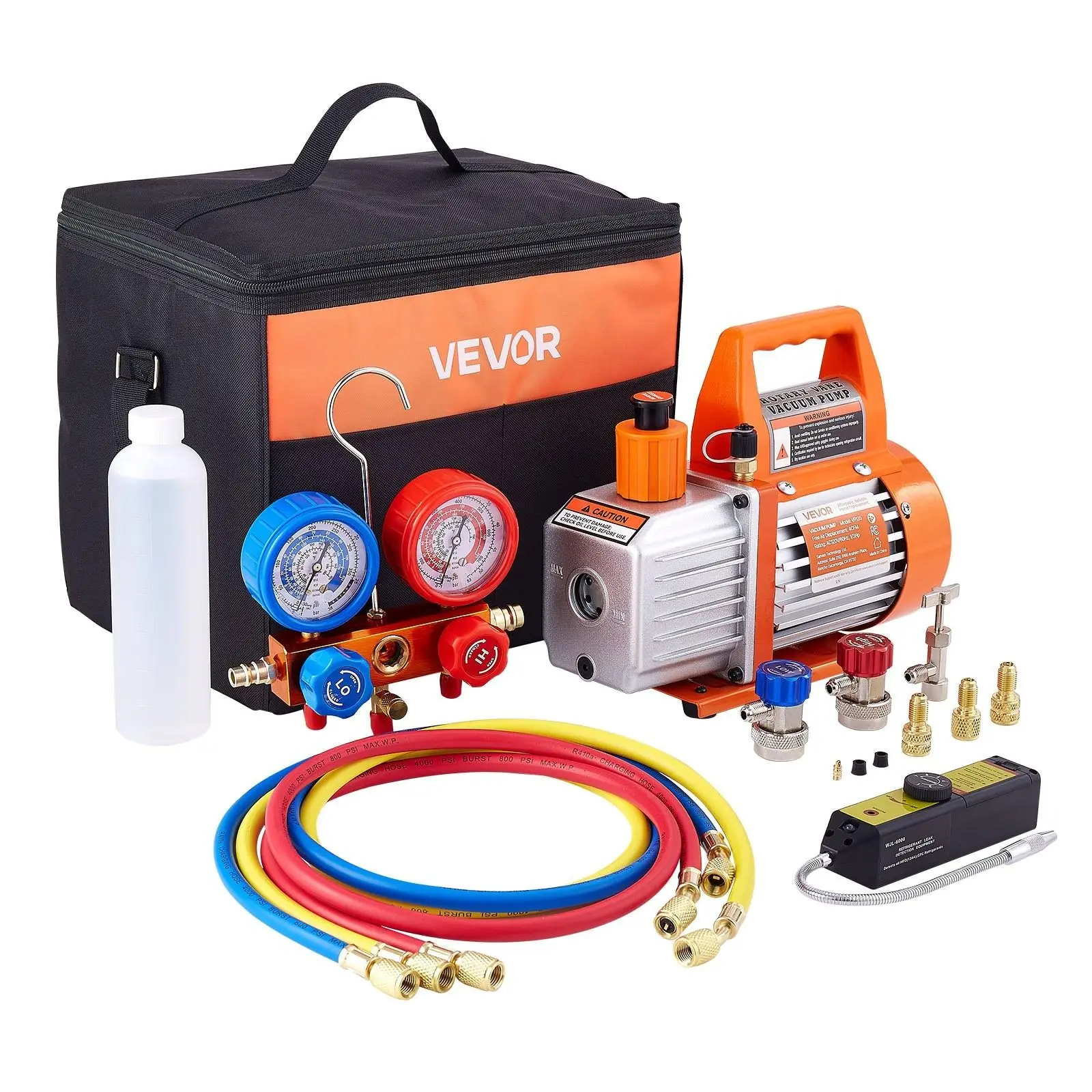 VEVOR 4 CFM 1/3 HP HVAC Single Stage Rotary Vane Vacuum Pump with 4-Pole High-Torque Motor for HVAC Work, Full Kit Including Manifold Gauge Kit, 0.27 qt (260 ml) Vacuum Oil, 1/4"-SAE to 1/2"-ACME Adapter, 3.94 ft Hose, Carry Bag