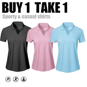 Buy 1 Get 1 Free Women's Sport Polo Top | Spring Summer Sweater Tops 2026 Short Sleeve Soft Trendy Business Casual OutfitLightweight V-Neck Gym shirt, Tennis Activewear Breathable Fabric Womenswear Casual Everyday Love Piece Spandex