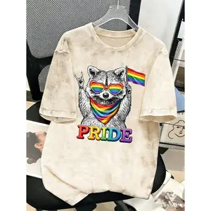 American Heavyweight Vintage Style Fashion Women T Shirt With Rainbow Fox Pride Design And Text For Pride Festival 230G Washed Short Sleeve Statement Tee Casual Breathable Outdoor Sport Gift Item