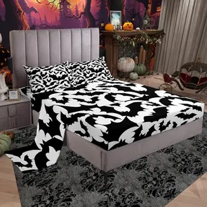 Halloween Bat Bed Sheet Set,Kids Black Bats Silhouette Animal Print Sheet Set,Room Decor,Happy Holiday Gothic Style White Bedding Set for Boys Teens