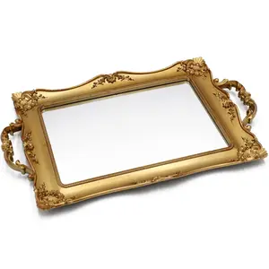Antique Decorative Gold Framed Square Mirror Tray, Jewelry & Cosmetics Organizer for Dresser, 9.5" W x 14.5" L Golden