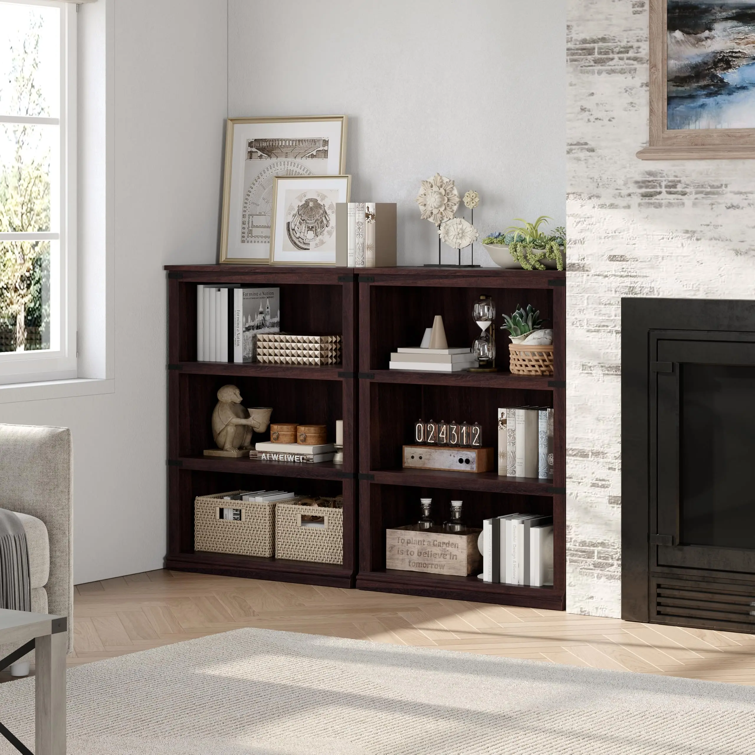 Garvee 3 Tier Tall Bookcase - Farmhouse Wooden Bookshelf with Open Storage, 40" Rustic Display Shelf for Living Room, Home Office, Bedroom, Cherry Finish