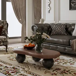Modern Center Table - Cloud-Shaped Indoor Living Room Furniture with Irregular Curve, 40/47 In MDF Walnut Top, 3 Black Ball Legs, Coffee Table