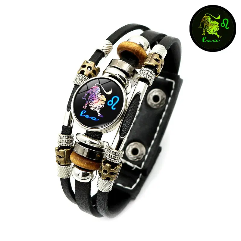 Glow in the Dark Zodiac Leather Bracelet for Men Women, 12 Signs Astrology Horoscope Bracelet, Birthday Gift Jewelry (6.9in/8.1in)