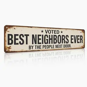 16x4" Aluminum Metal Sign Wall Art - "Best Neighbors Ever" Humorous Neighbor Quote Decor, Long Horizontal Vintage Home Decor Plaque for Front Porch