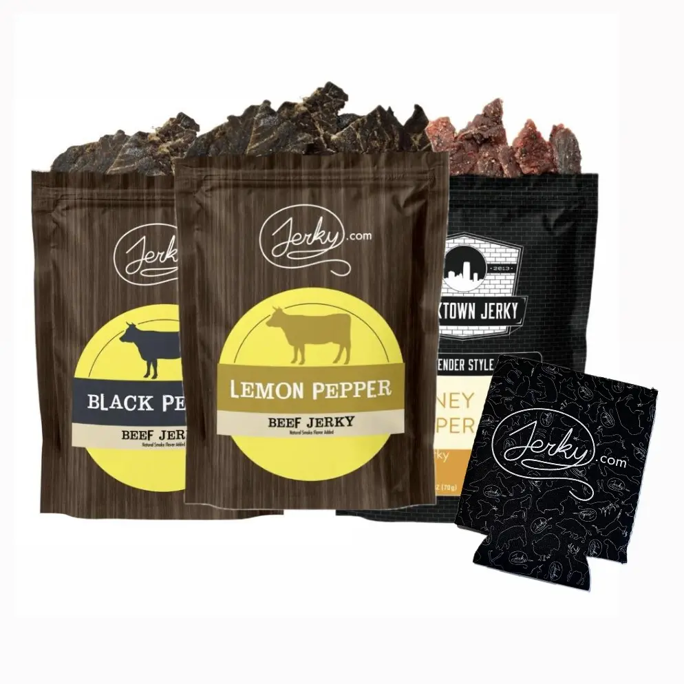 Joey's Flavors You Need To Try Bundle - Lemon Pepper Beef, Soft Honey Pepper Beef, Black Pepper Beef + Koozie - Perfect Blend of Premium Ingredients, Made in the USA, USDA Certified High Protein Dried Meat Snack - 7.5 oz.