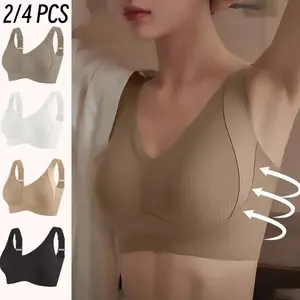 2/4PCS/ EssElegance Ribbed Push-Up Seamless Bra Set Soft Comfortable - Solid Four-breasted Adjustable Straps & Wire-Free Support for Daily Wear, Ultra-Soft Breathable Fabric,Bralette for women Full Coverage
