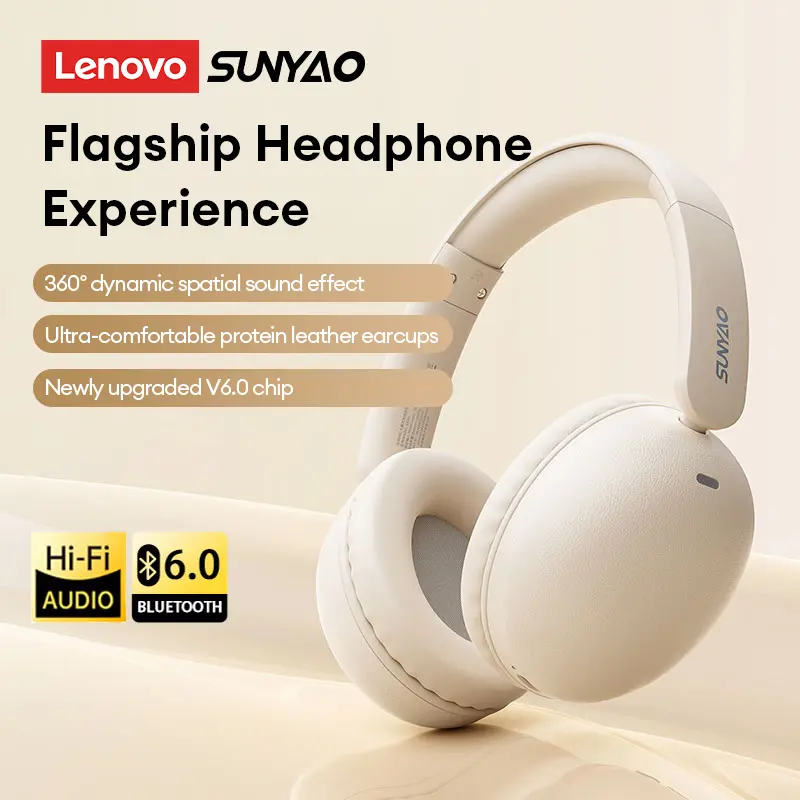 Lenovo SUNYAO LS201 Over-Ear Wireless Headphones, Bluetooth 6.0 Stable Connection, ENC Clear Calls, Panoramic Spatial Sound, Built-In Mic for Music & Calls, Compatible with Android & iOS