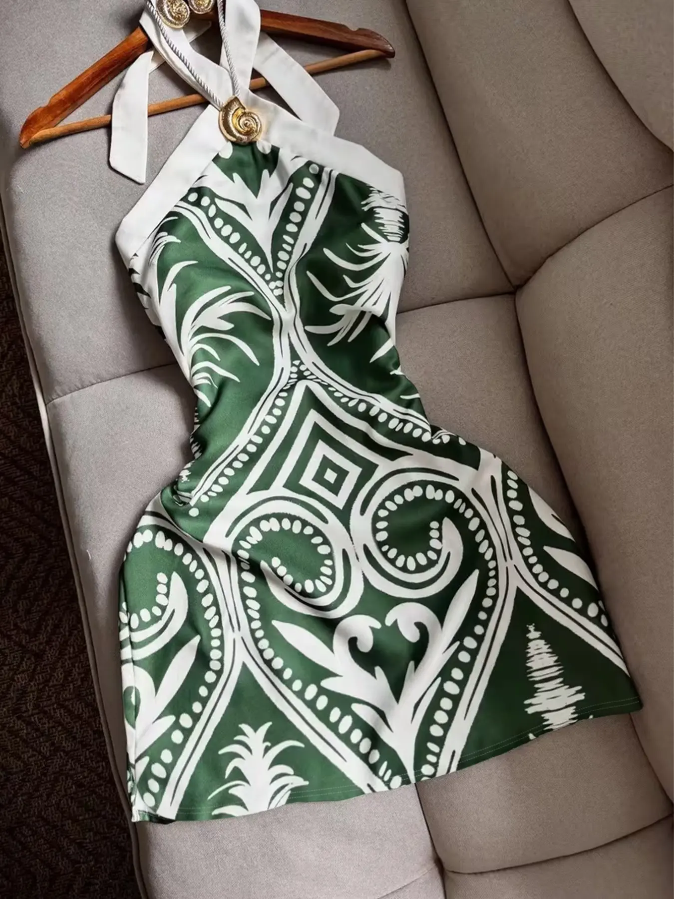 Green & White Geometric Print Halter Sleeveless Mini Dress, Golden Buckle Bodycon Dress for Women, Old Money Coastal Aesthetic, Casual Elegant Silky Satin Fabric Summer Dress for Vacation & Brunch, Casual Wear