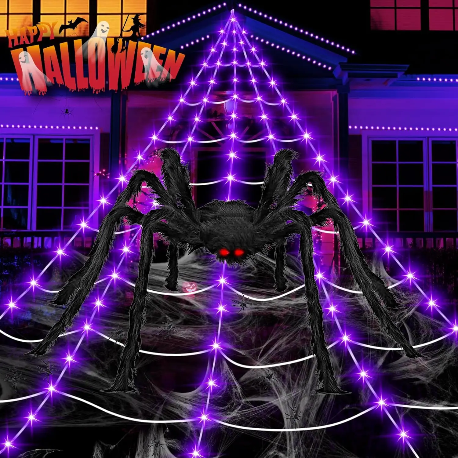 16.4Ft 250 LEDs Giant Halloween Spider Web Lights with 2.46FT Big Spider, Violet or Violet & Orange Optional, Outdoor Yard Haunted House Decor